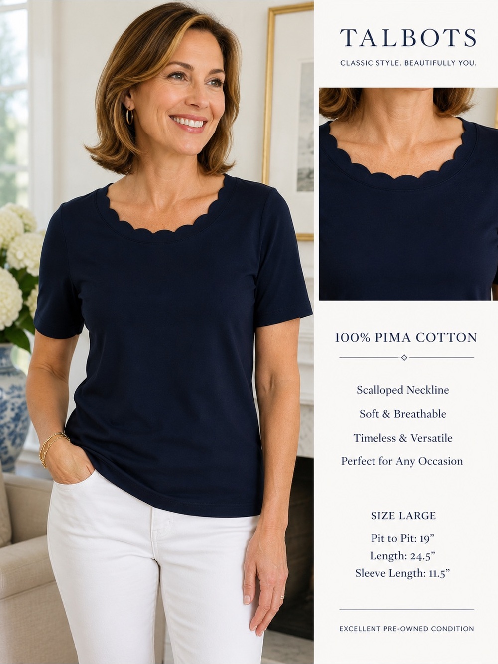 Talbots Midnight Blue Scallop-Neck 100% Pima Cotton 3/4 Sleeve Tee Size L